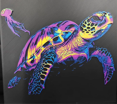 Sea turtle pop art framed layered 3D art with vibrant purple blue and yellow colors