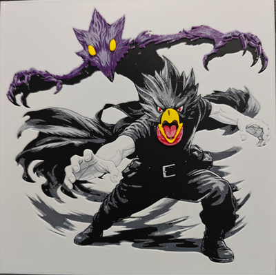 Framed 3D layered art piece from image_8d2921.png featuring a dynamic illustration of a menacing dark anime fiend monster with a red face mask, wearing a black leather outfit, flanked by sharp purple shadow energy constructs against a light background.