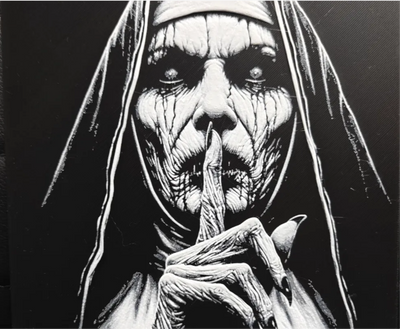 Silent nun framed layered 3D art with hooded figure, skeletal hand, black and white contrast, and horror character styling
