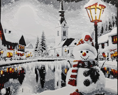 Snowman village framed layered 3D art with snowy church and glowing streetlamp