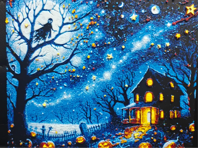 Framed 3D layered art piece featuring a vibrant night landscape with a cozy cabin glowing with warm yellow light under a deep blue starry sky and a full moon.