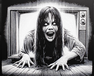 TV ghost horror framed layered 3D art with haunted screen detail