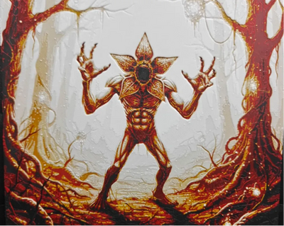 Framed 3D layered art piece featuring a detailed illustration of a tall, slender sci-fi monster with a petal-like head opened up to reveal rows of sharp teeth, standing inside a glowing orange and red circular portal.