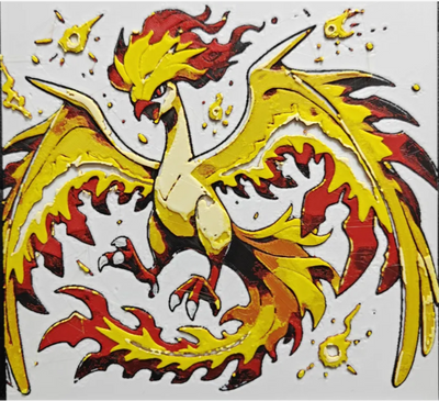 Yellow flame dragon framed layered 3D art with red and yellow fire contrast