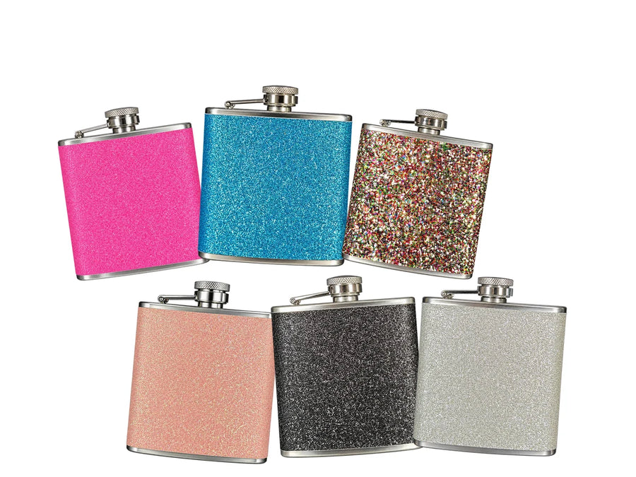 Six glitter flasks in different colors