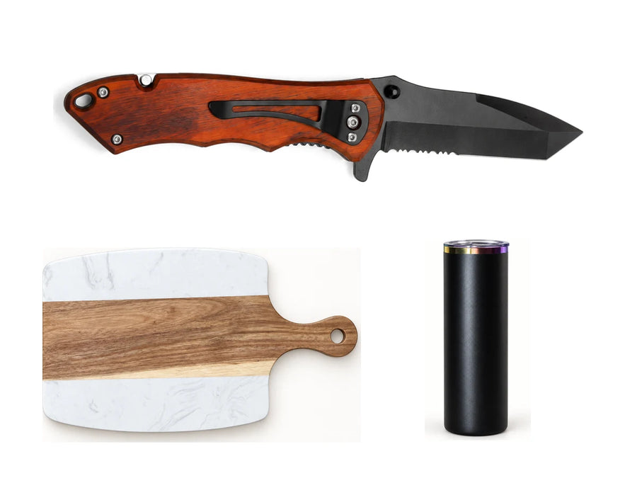 Rosewood pocket knife, wood and marble board and black tumbler