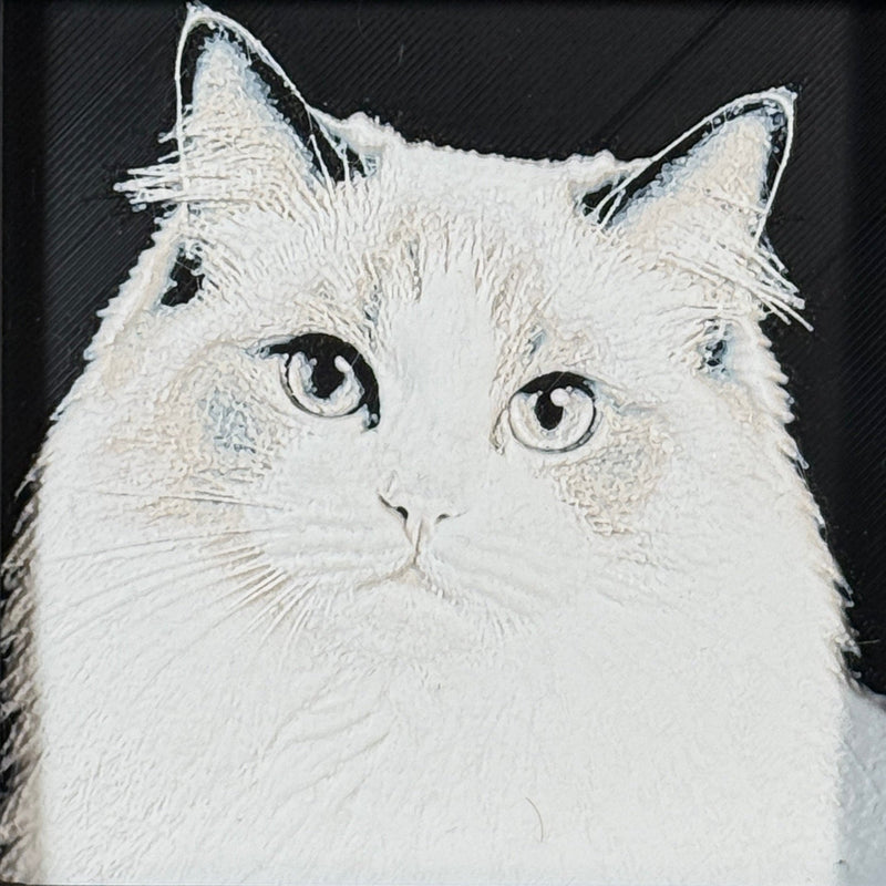 Custom framed 3D layered art piece showing a Persian cat, printed in layers by WTx3D.