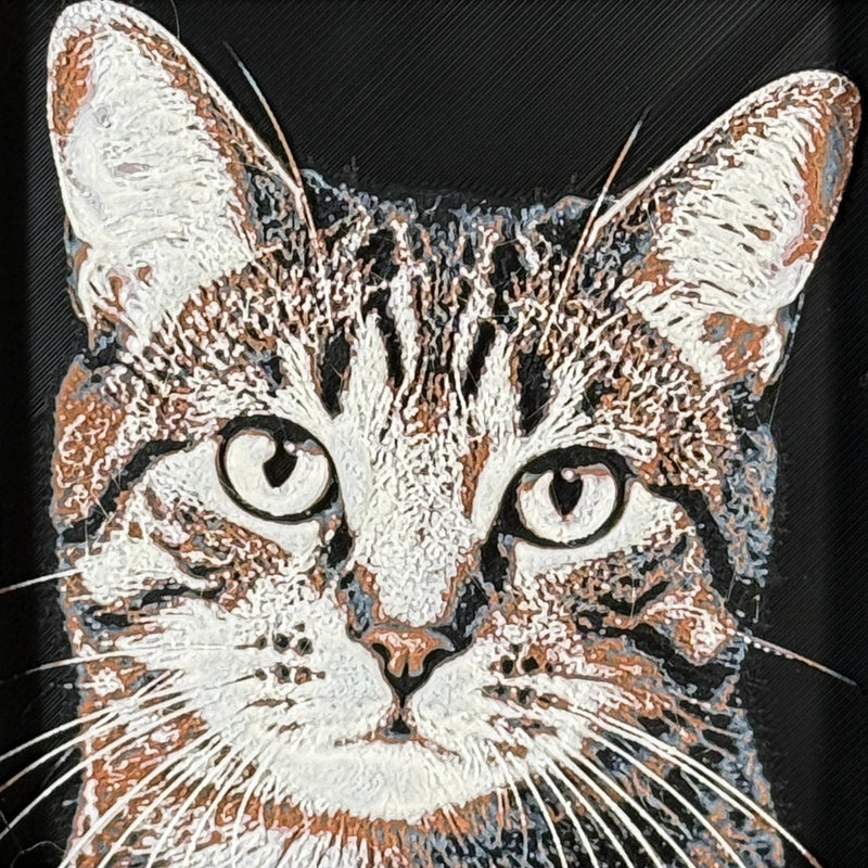 Custom framed 3D layered art piece showing a tabby cat, printed in layers by WTx3D.