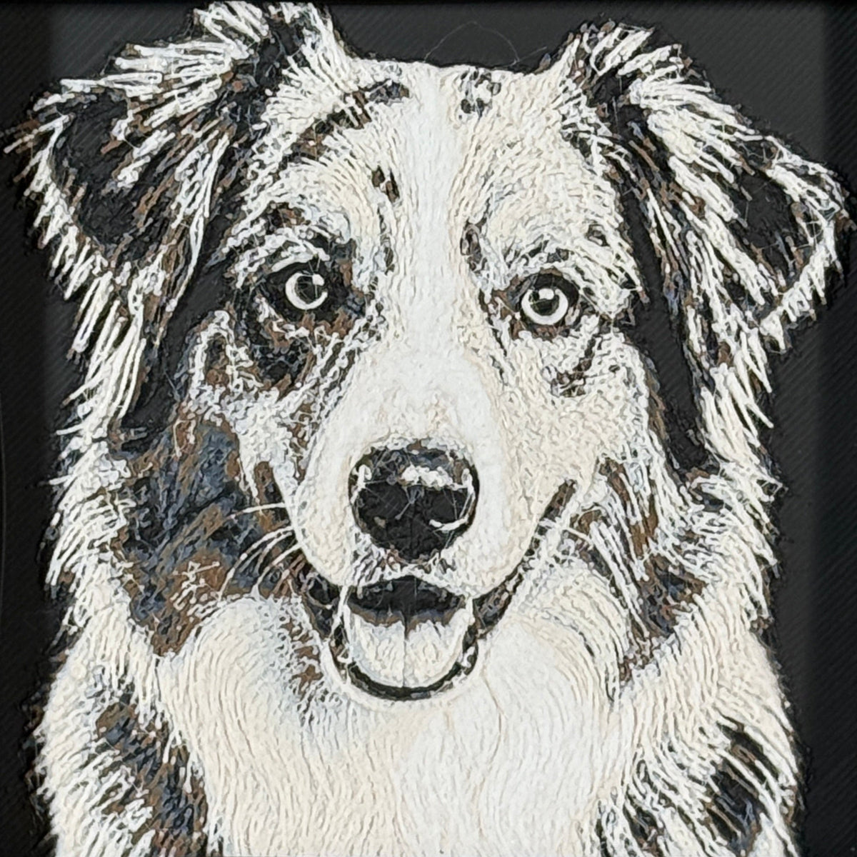 Framed 3D layered art piece featuring a highly detailed, textured portrait of an Australian Shepherd dog with alert eyes.