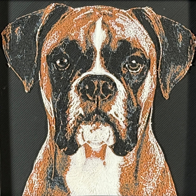 Custom framed 3D layered art piece showing a Boxer dog, printed in layers by WTx3D.