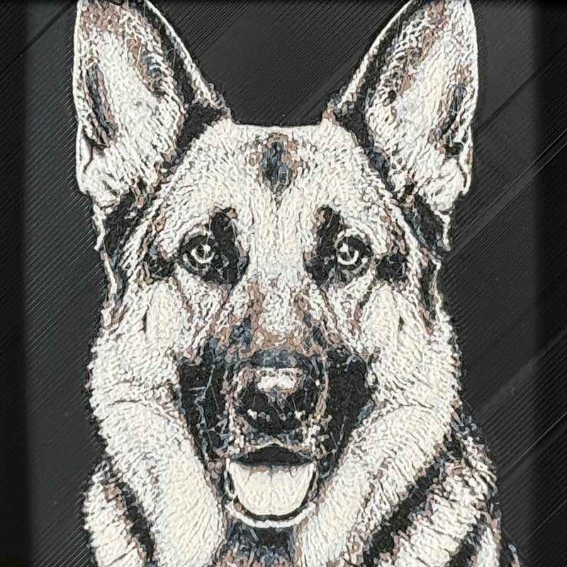 Custom framed 3D layered art piece showing a German Shepherd dog, printed in layers by WTx3D.