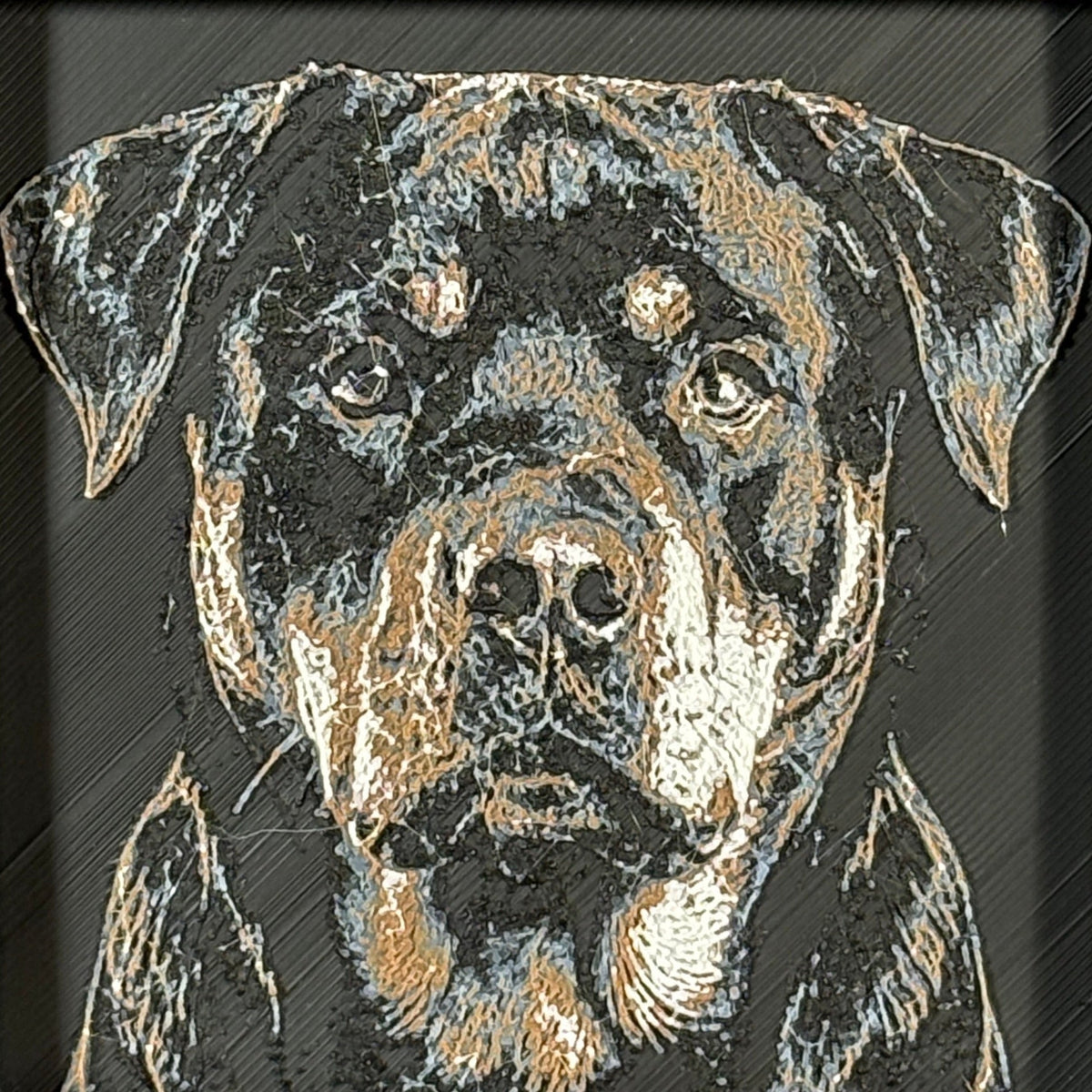Custom framed 3D layered art piece showing a Rottweiler dog, printed in layers by WTx3D.