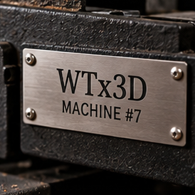 Representative image: Silver-colored plate displaying WTx3D and Machine #7, attached to a dark machine surface.
