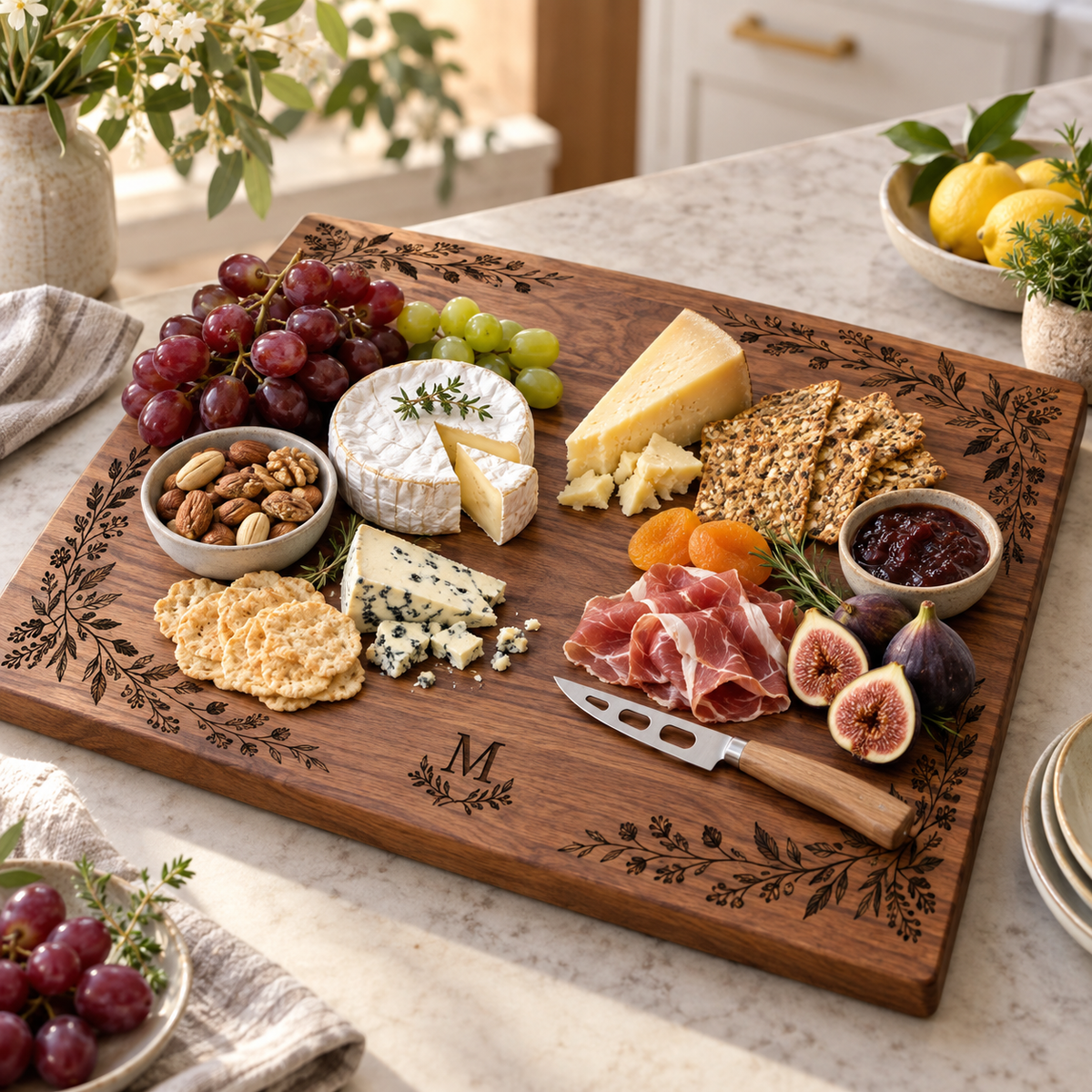 Representative image: Serving board with a botanical border and small monogram, arranged with cheese, crackers and fruit.