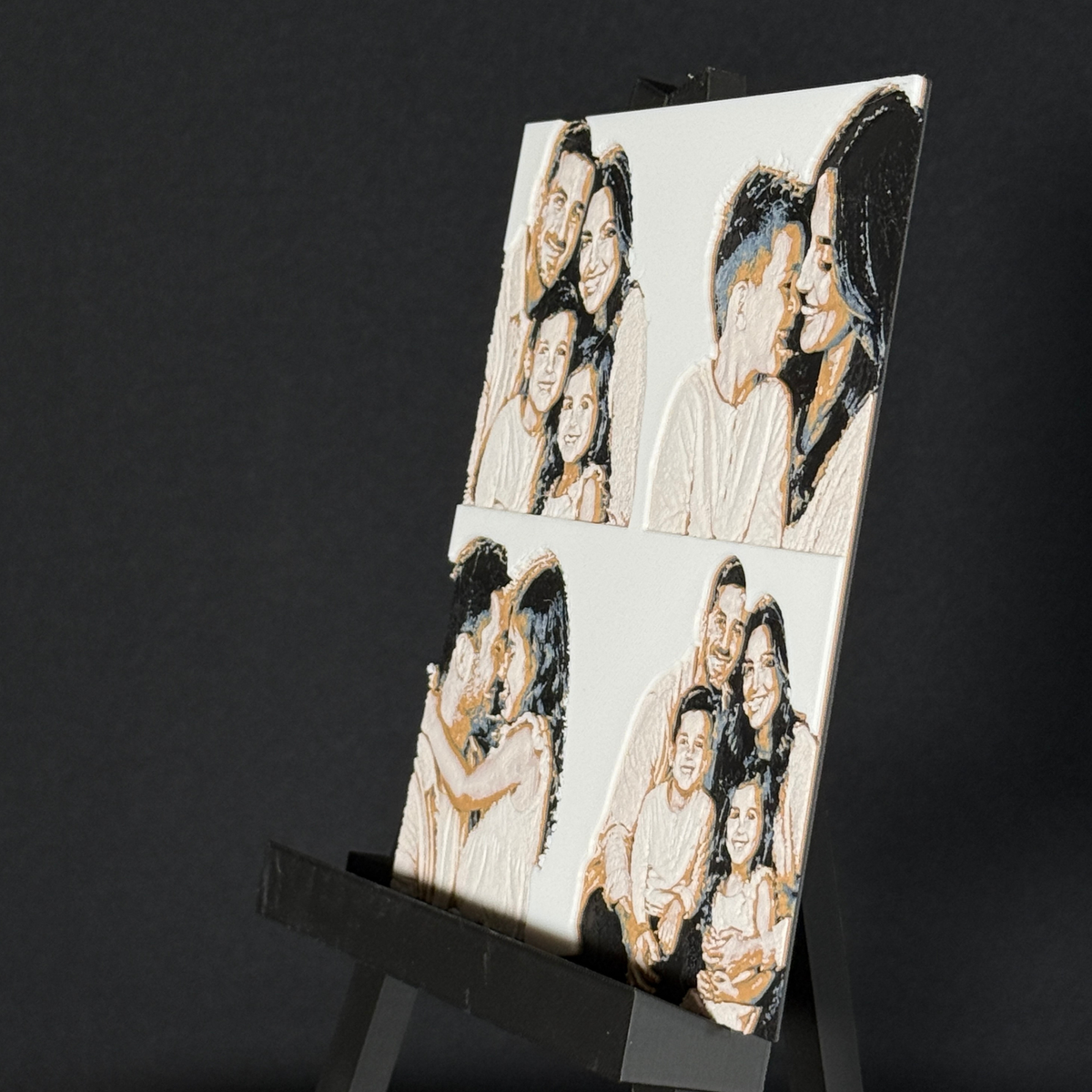 Custom framed 3D layered art piece showing a family of four, printed in layers by WTx3D.