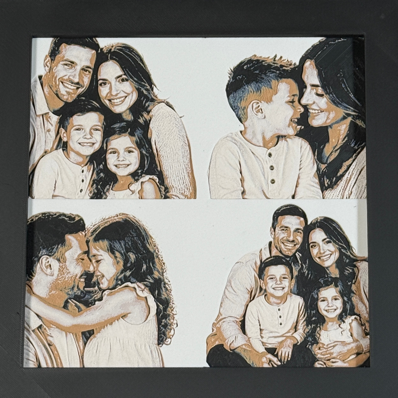 Custom framed 3D layered art piece showing a family of four, printed in layers by WTx3D.