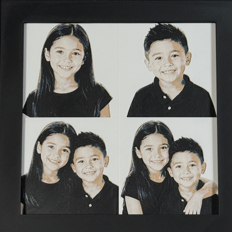 Custom framed 3D layered art piece showing two siblings, printed in layers by WTx3D.