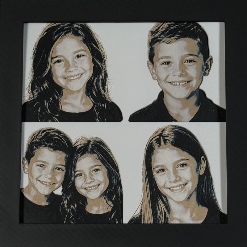 Custom framed 3D layered art piece showing two siblings, printed in layers by WTx3D.