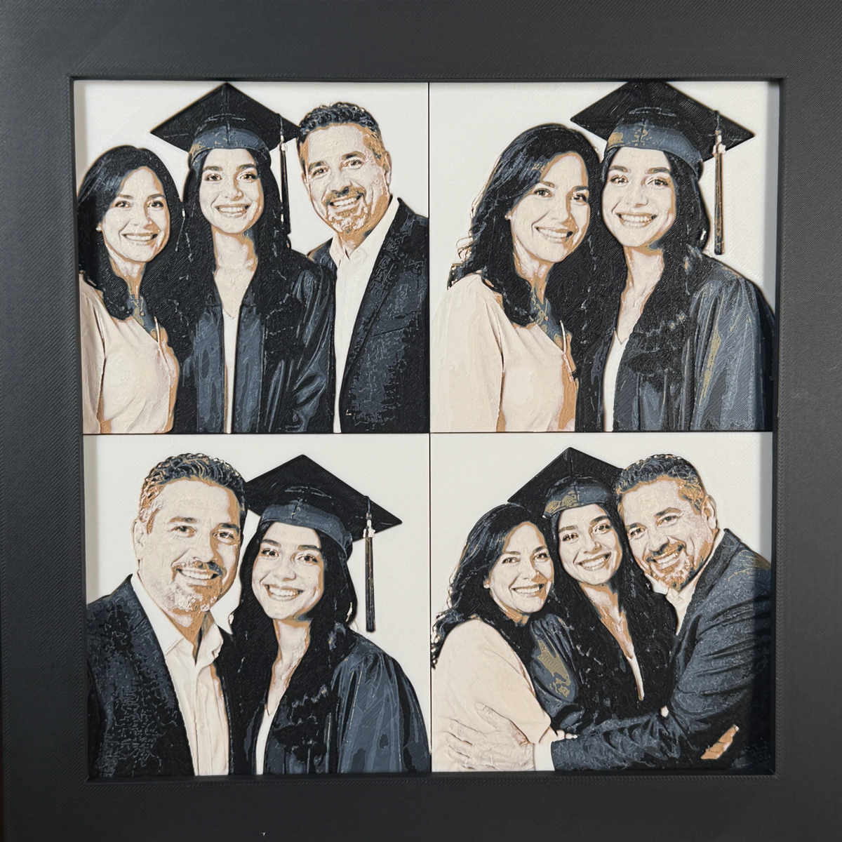 Custom framed 3D layered art piece showing a family celebrating a graduation, cap and gown, printed in layers by WTx3D.
