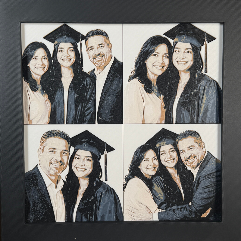Custom framed 3D layered art piece showing a family celebrating a graduation, cap and gown, printed in layers by WTx3D.