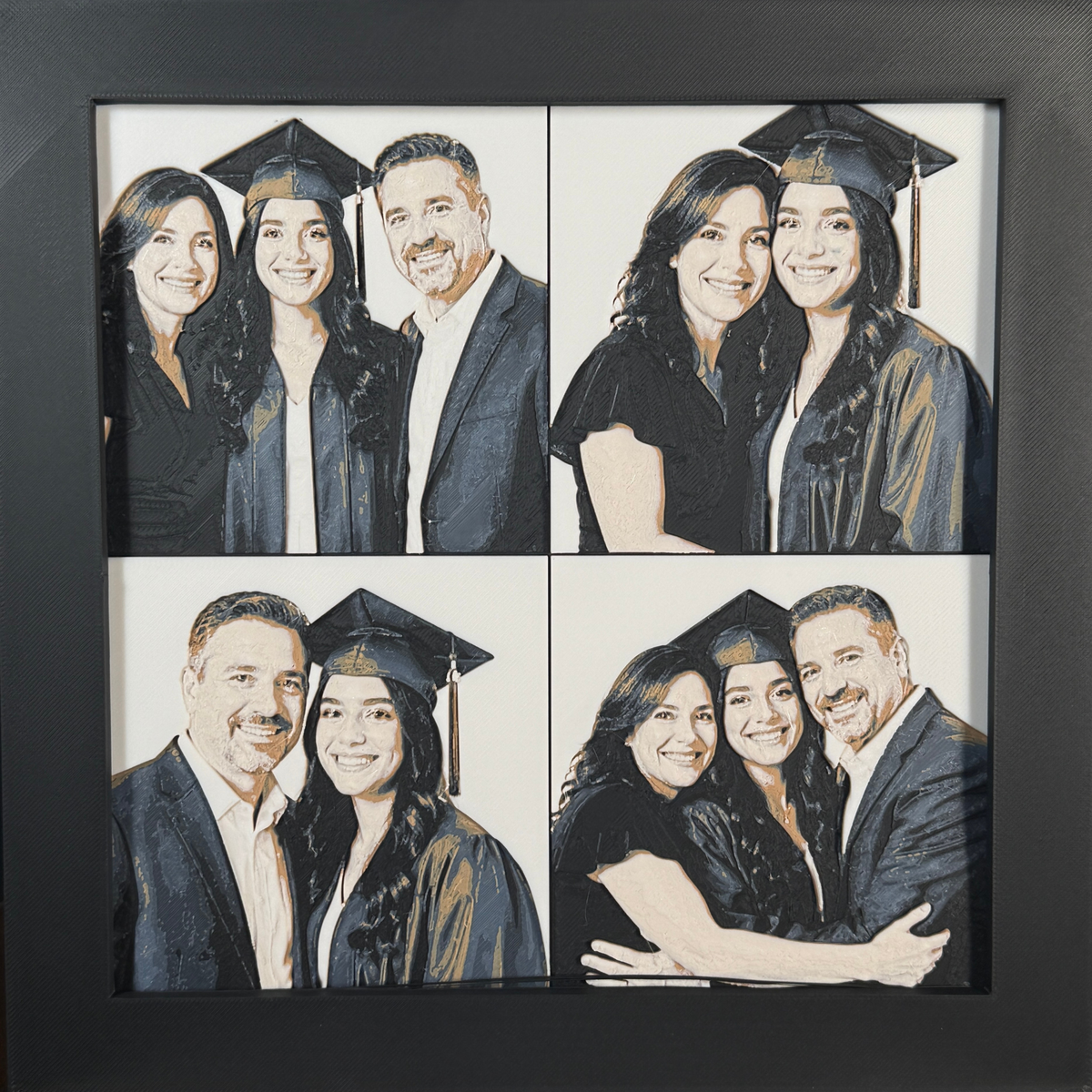 Custom framed 3D layered art piece showing a family celebrating their daughter's graduation, printed in layers by WTx3D.