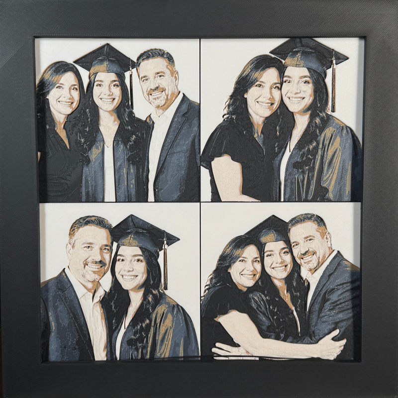 Custom framed 3D layered art piece showing a family celebrating their daughter's graduation, printed in layers by WTx3D.