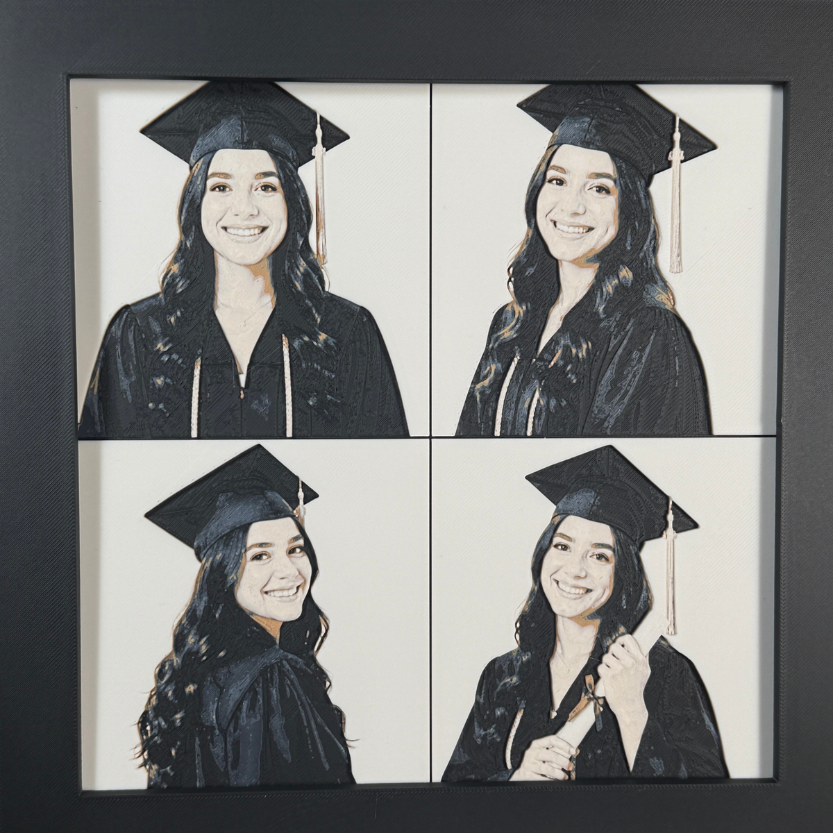 Custom framed 3D layered art piece showing a high school senior in cap and gown, printed in layers by WTx3D.