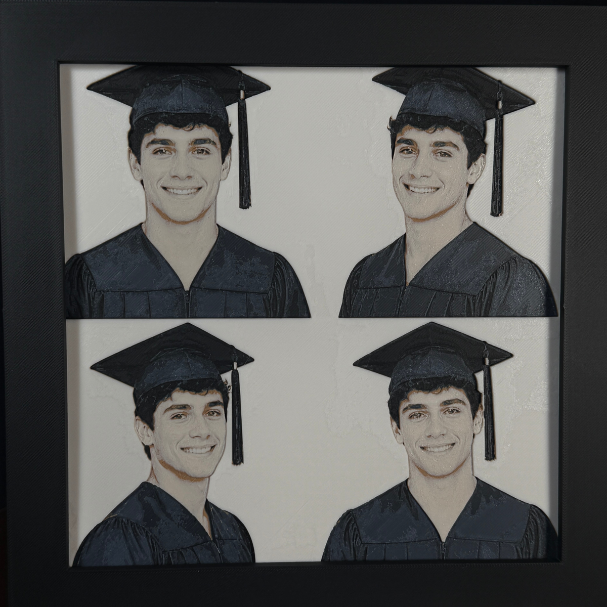 Custom framed 3D layered art piece showing a high school senior in cap and gown, printed in layers by WTx3D.