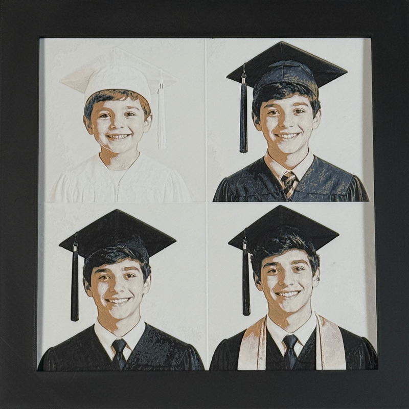 Custom framed 3D layered art piece showing a graduation growth timeline, printed in layers by WTx3D.