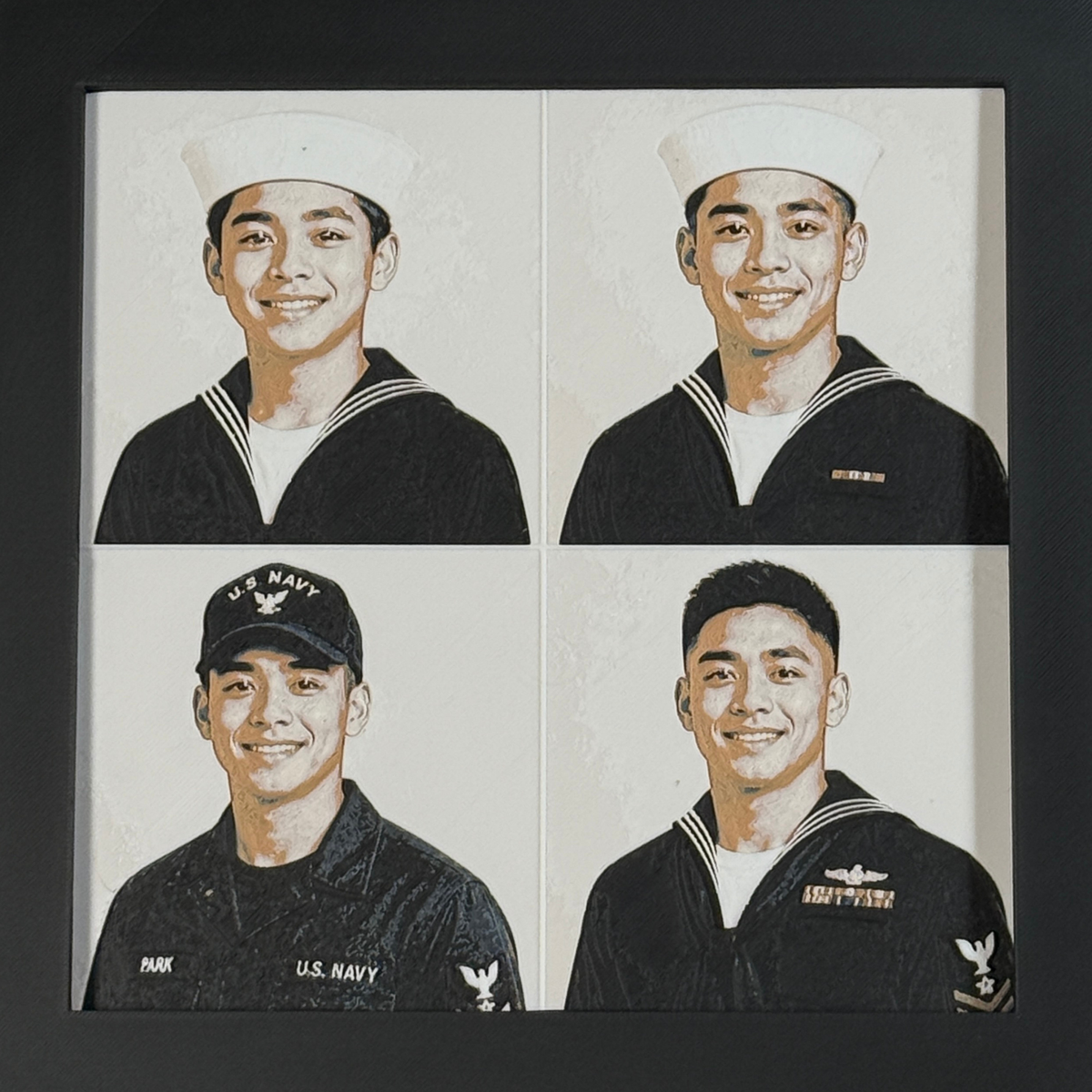 Custom framed 3D layered art piece showing a Navy service member, printed in layers by WTx3D.