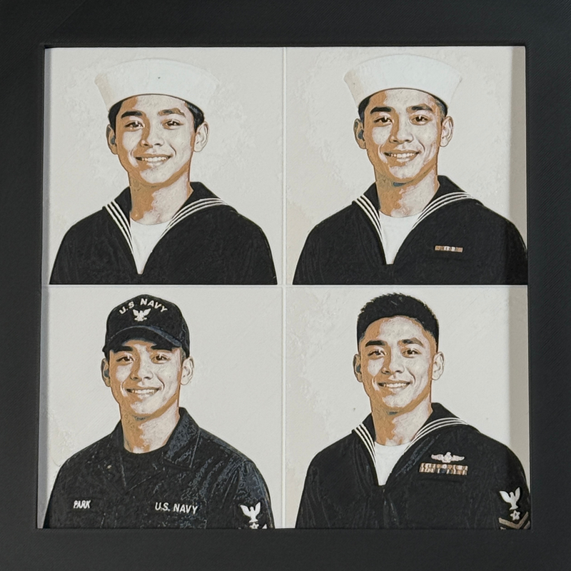 Custom framed 3D layered art piece showing a Navy service member, printed in layers by WTx3D.