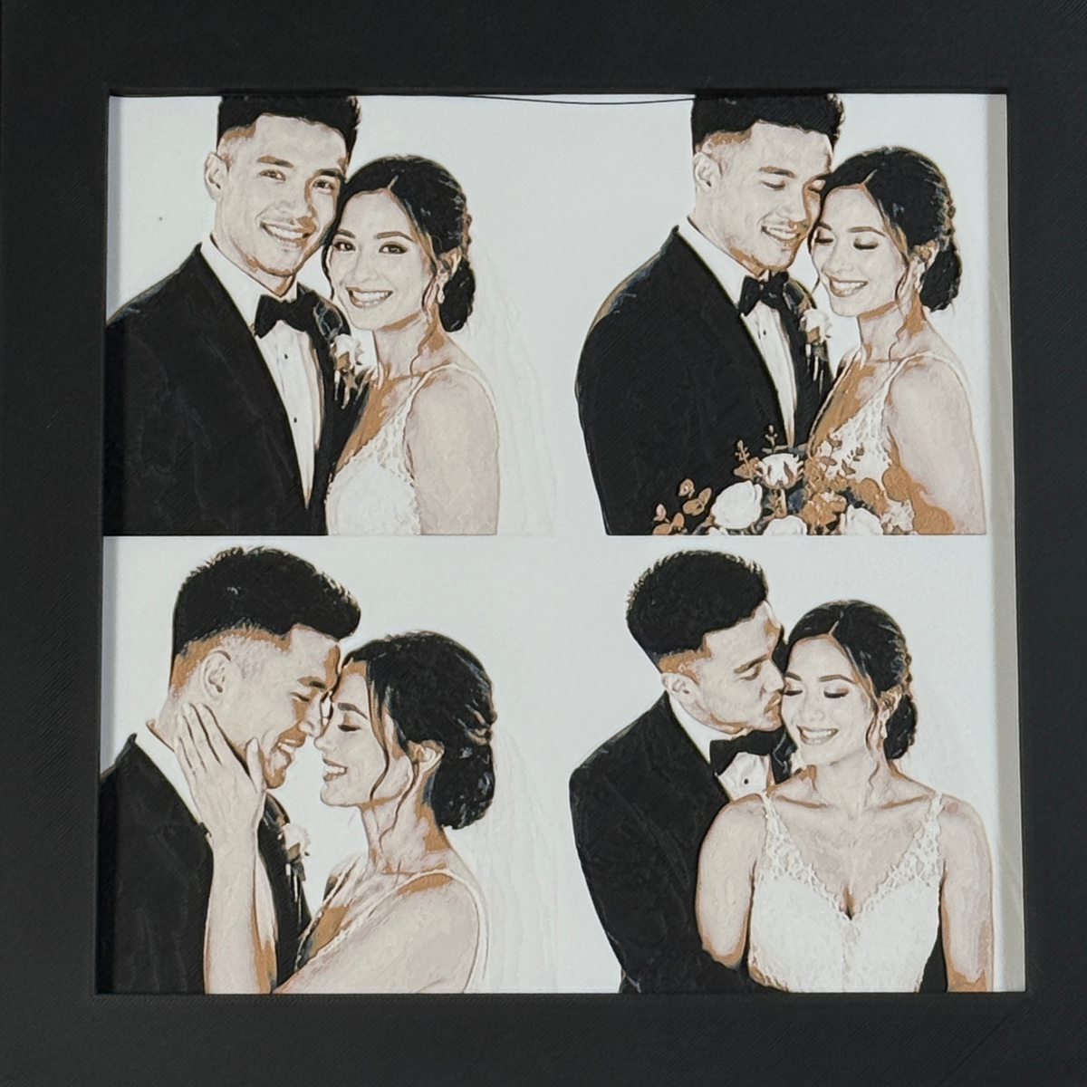 Custom framed 3D layered art piece showing a wedding couple, printed in layers by WTx3D.