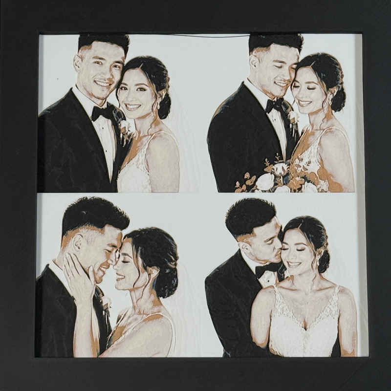 Custom framed 3D layered art piece showing a wedding couple, printed in layers by WTx3D.