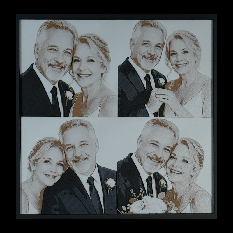 Custom wedding photo laser-engraved into wood and metal art by WTx3D