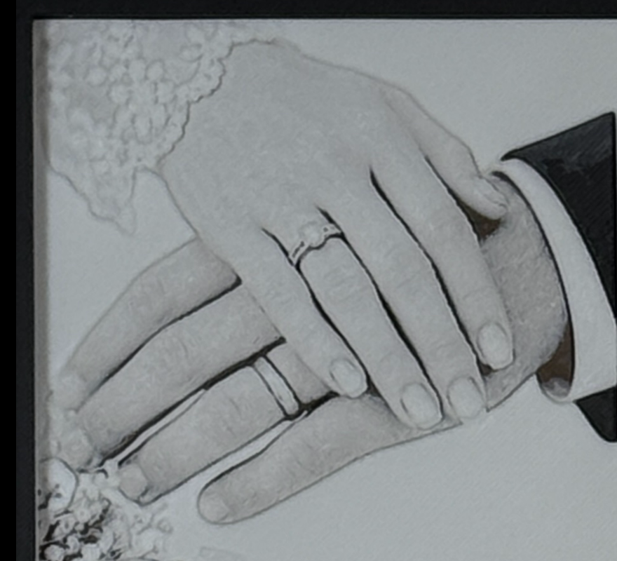 Custom framed 3D layered art piece showing a wedding couple's clasped hands with rings, printed in layers by WTx3D.