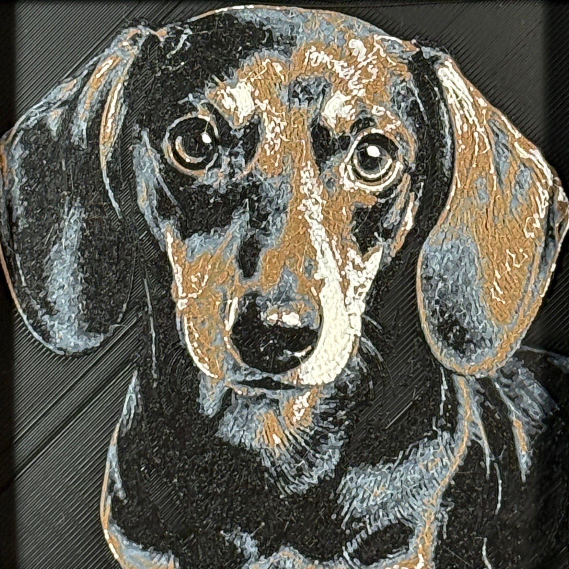 Framed 3D layered art piece featuring a highly detailed, textured portrait of a Dachshund dog with floppy ears, expressive eyes, and a black and tan coat pattern.