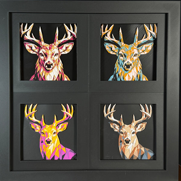 Four-panel framed geometric Buck Deer layered 3D art set showing the Buck deer design in Heritage, Crimson Ice, Royal Gold, and Teal Orange color palettes inside a charcoal matte four-pack display frame.