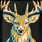 Framed geometric Buck deer layered 3D art piece featuring a front-facing buck design with a rich Teal Orange color palette and vibrant colorful antlers.