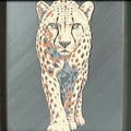 Geometric cheetah framed layered 3D art in Heritage color palette, featuring a standing cheetah with soft white, gray, black, and neutral brown layered details inside a charcoal matte display frame.