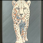 Geometric cheetah framed layered 3D art in Heritage color palette, featuring a standing cheetah with soft white, gray, black, and neutral brown layered details inside a charcoal matte display frame.