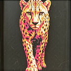 Geometric cheetah framed layered 3D art in Royal Gold color palette, featuring a standing cheetah with gold, blue, black, and white layered details inside a charcoal matte display frame.