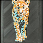 Geometric cheetah framed layered 3D art in Teal Orange color palette, featuring a standing cheetah with turquoise, orange, black, and white layered details inside a charcoal matte display frame.