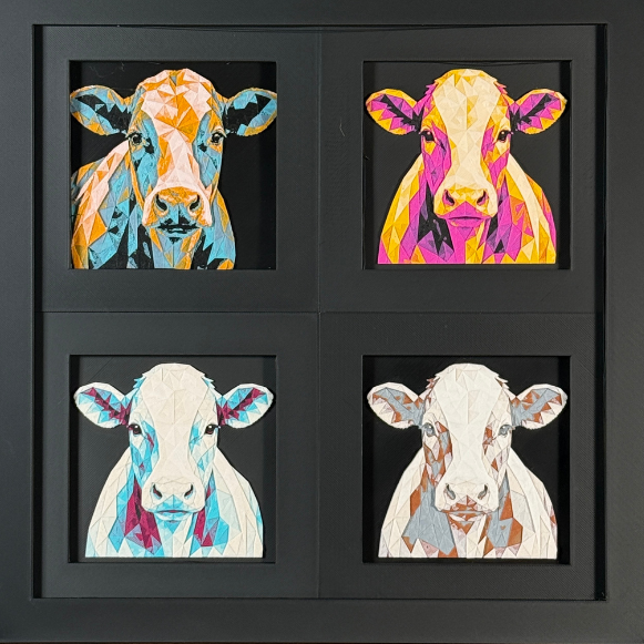 Four-panel framed geometric cow layered 3D art set showing the cow design in Heritage, Crimson Ice, Royal Gold, and Teal Orange color palettes inside a charcoal matte four-pack display frame.