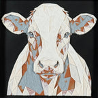 Geometric cow framed layered 3D art in Heritage color palette, featuring a bold cow portrait with soft white, gray, black, and neutral brown layered details inside a charcoal matte display frame.