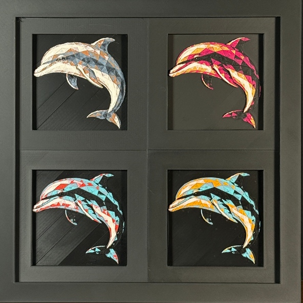 Four-panel framed geometric dolphin layered 3D art set showing the dolphin design in Heritage, Crimson Ice, Royal Gold, and Teal Orange color palettes inside a charcoal matte four-pack display frame.