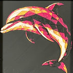 Geometric dolphin framed layered 3D art in Royal Gold color palette, featuring a leaping dolphin with gold, blue, black, and white layered details inside a charcoal matte display frame.