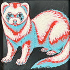 Geometric ferret framed layered 3D art in Crimson Ice color palette, featuring a ferret portrait with cyan, red, magenta, black, and white layered details inside a charcoal matte display frame.