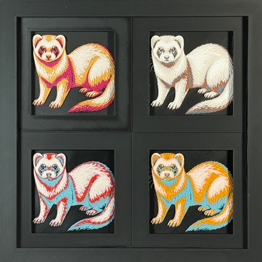 Four-panel framed geometric ferret layered art set showing the same standing ferret design in four WTX3D color palettes, arranged in a charcoal black 2x2 frame with detailed fur texture, long curved tail, and high-contrast layered color.