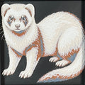 Geometric ferret framed layered 3D art in Heritage color palette, featuring a ferret portrait with soft white, gray, black, and neutral layered details inside a charcoal matte display frame.