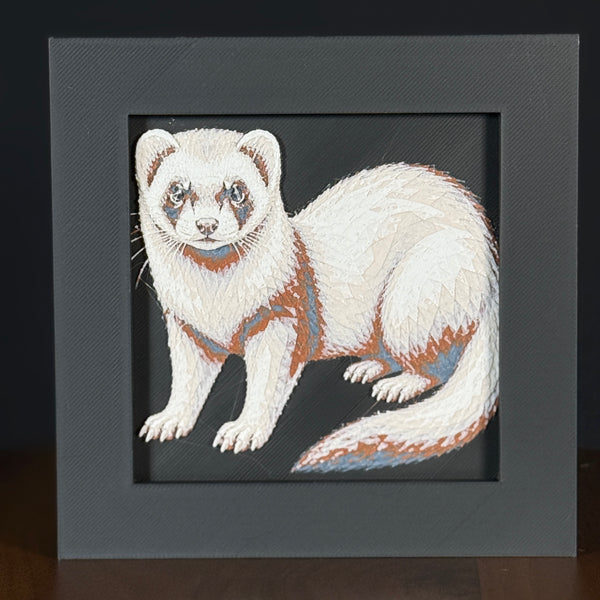 Geometric ferret framed layered 3D art in Heritage color palette, featuring a ferret portrait with soft white, gray, black, and neutral layered details inside a charcoal matte display frame.